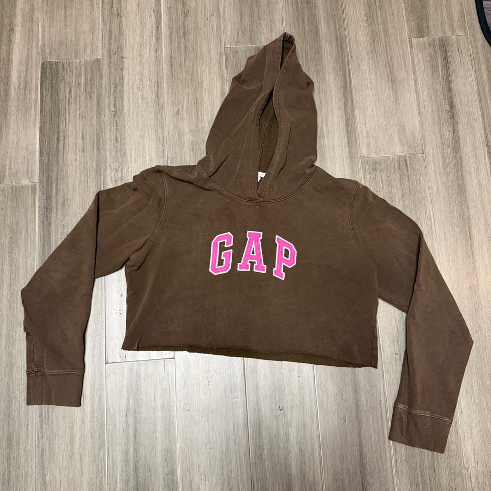 GAP, Brown, Self Cropped Hoodie with Pink Logo | Women’s M